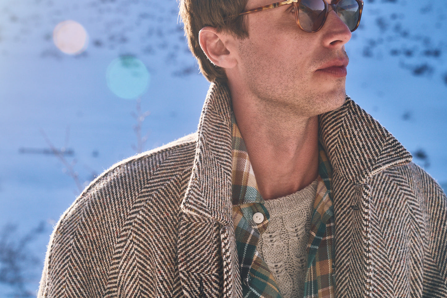 Raglan Wool Overcoat - Brown/Cream Donegal Herringbone