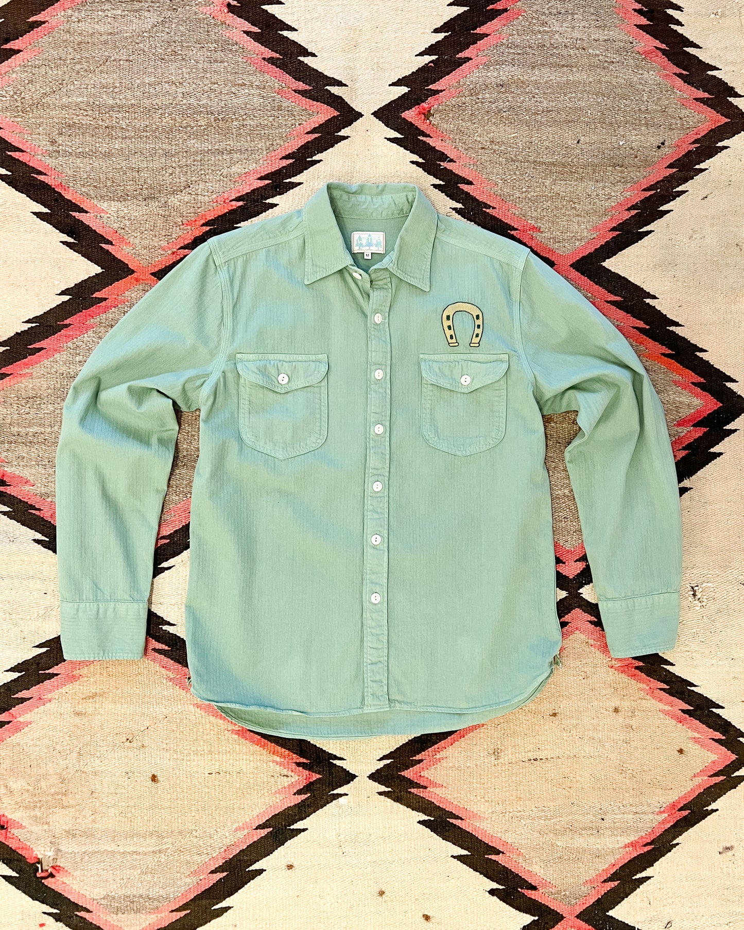 Horseshoe Chainstitched Herringbone Workshirt - Faded Olive