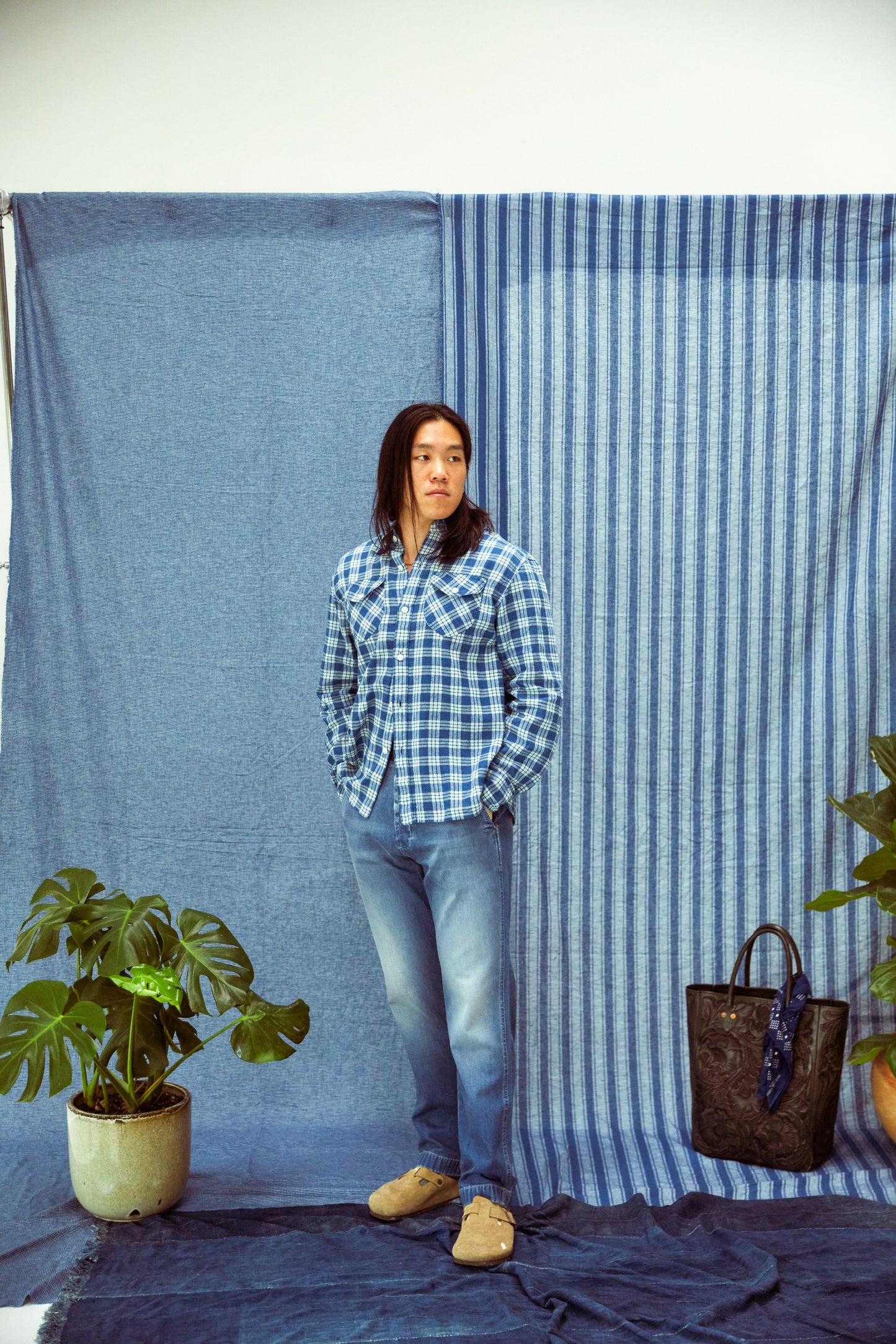 Indigo Cotton/Linen Workshirt - Railroad Plaid
