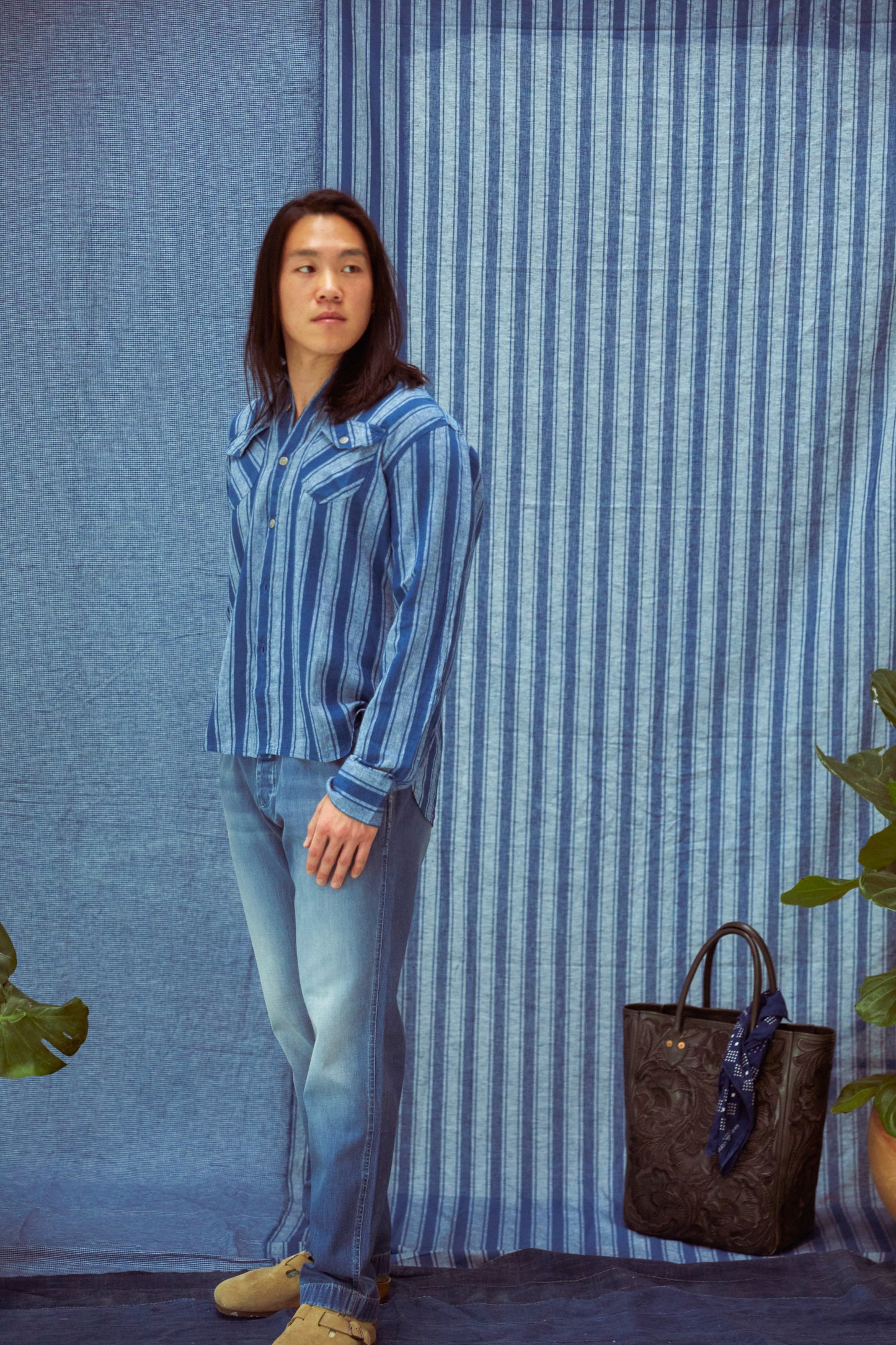 Indigo Cotton/Linen Workshirt - Awning Stripe