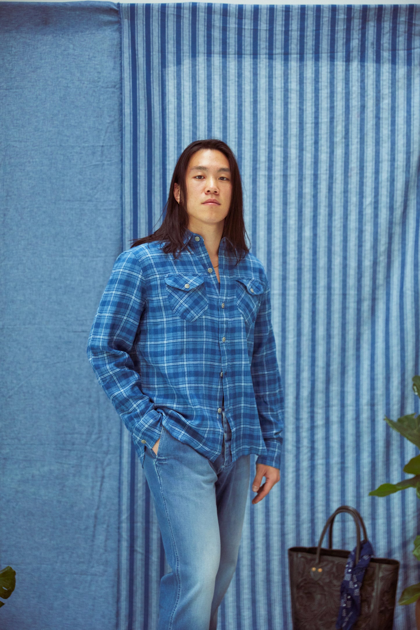 Indigo Cotton/Linen Workshirt - Homespun Plaid