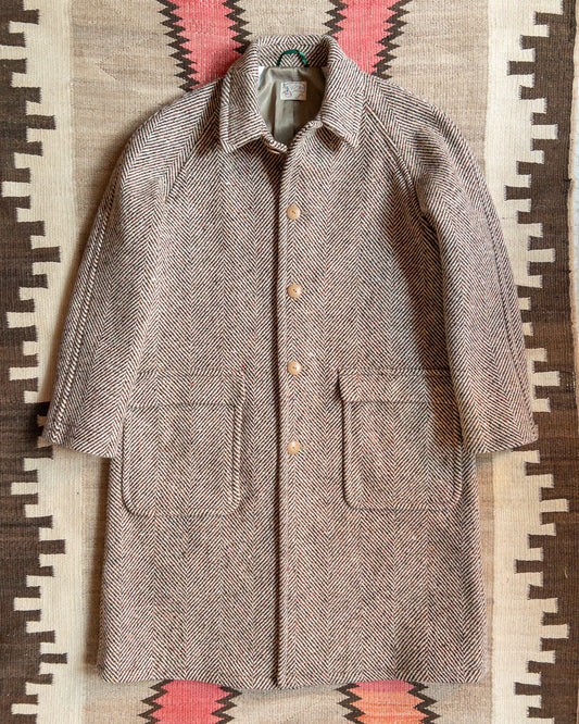 Raglan Wool Overcoat - Brown/Cream Donegal Herringbone