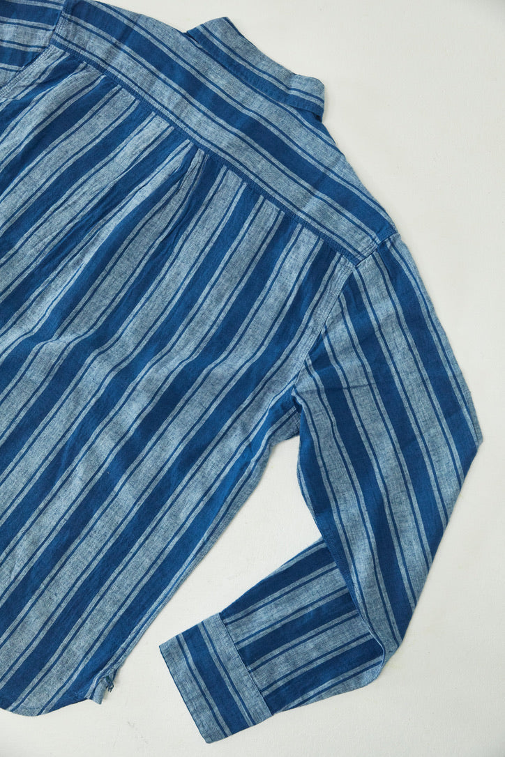 Indigo Cotton/Linen Workshirt - Awning Stripe