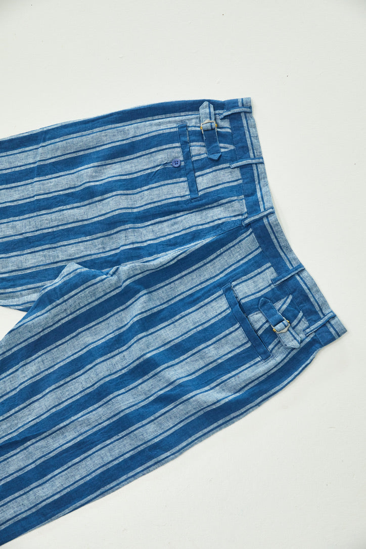 Indigo Cotton/Linen Flat Front Pant - Awning Stripe