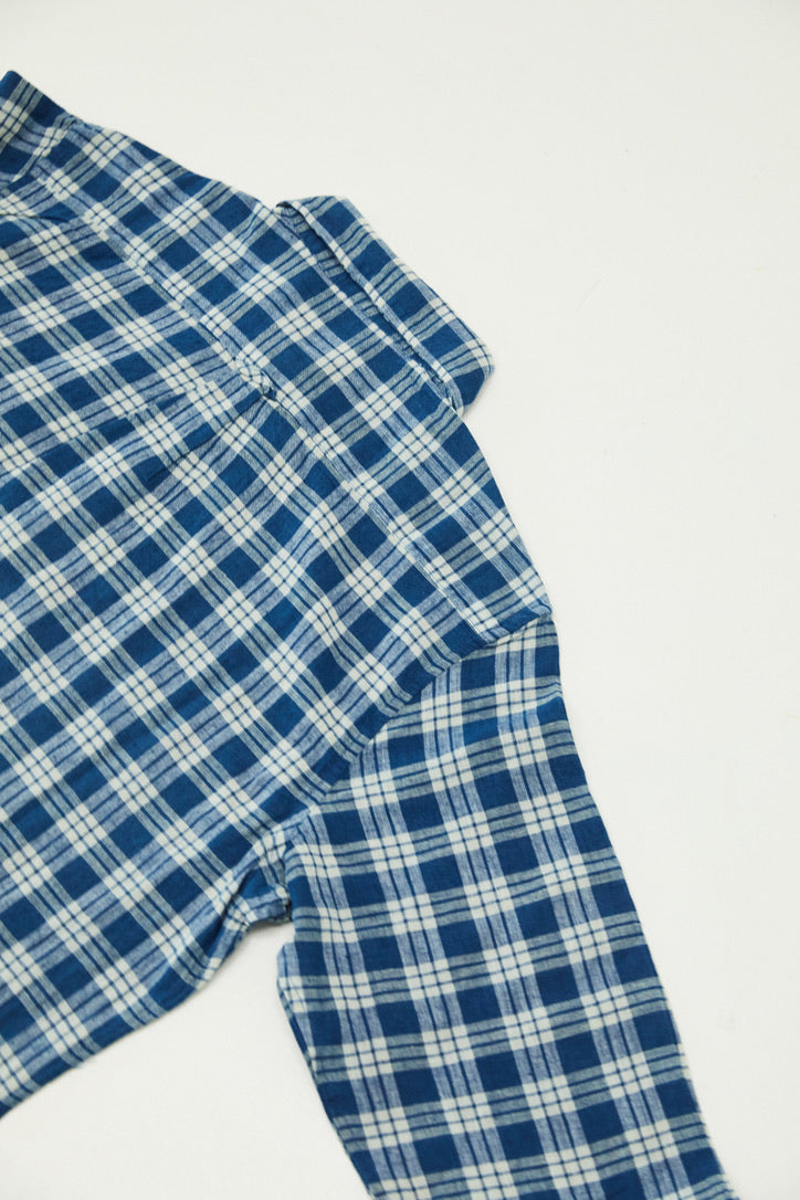 Indigo Cotton/Linen Button Down Shirt - Railroad Plaid