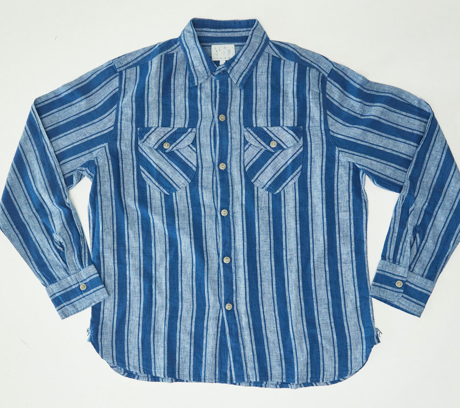 Indigo Cotton/Linen Workshirt - Awning Stripe