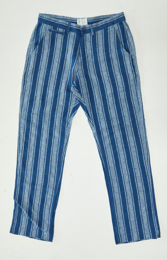 Indigo Cotton/Linen Flat Front Pant - Awning Stripe