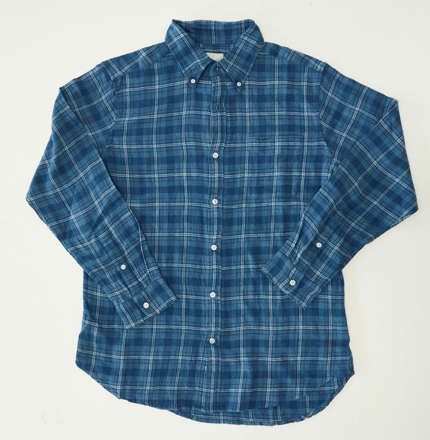 Indigo Cotton/Linen Button Down Shirt - Homespun Plaid