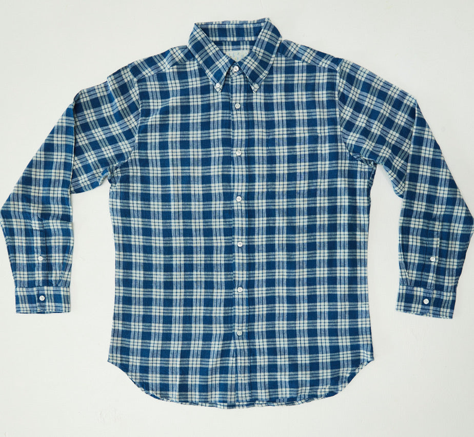 Indigo Cotton/Linen Button Down Shirt - Railroad Plaid