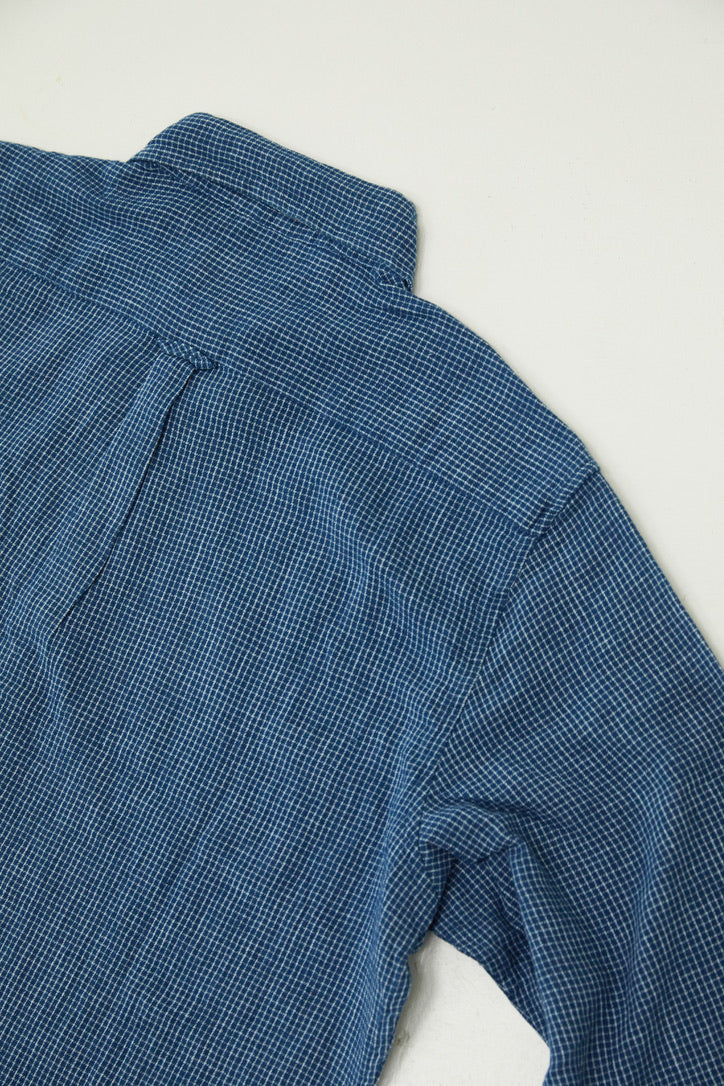 Indigo Cotton/Linen Button Down Shirt - Microcheck