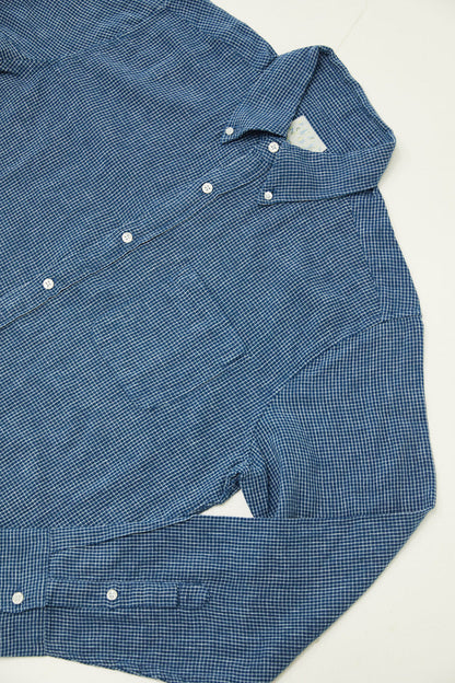 Indigo Cotton/Linen Button Down Shirt - Microcheck