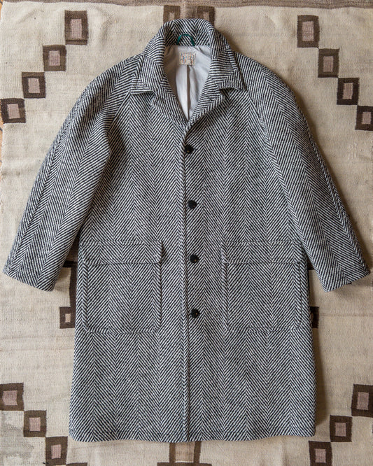 Raglan Wool Overcoat - Black and Cream Herringbone