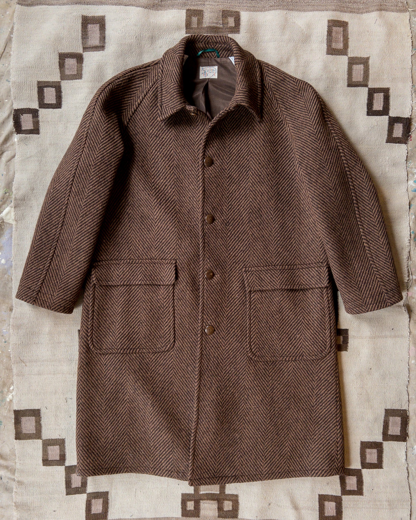 Raglan Wool Overcoat - Rust and Dark Brown Herringbone