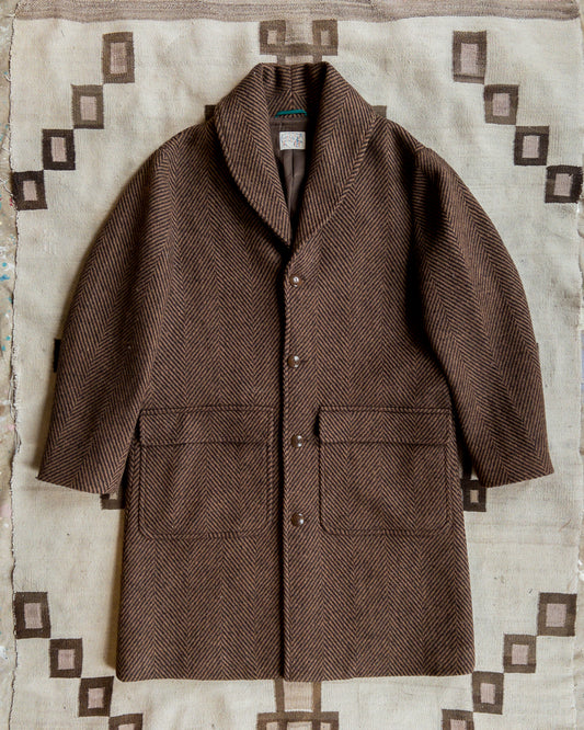 Shawl Collar Wool Overcoat - Rust and Dark Brown Herringbone