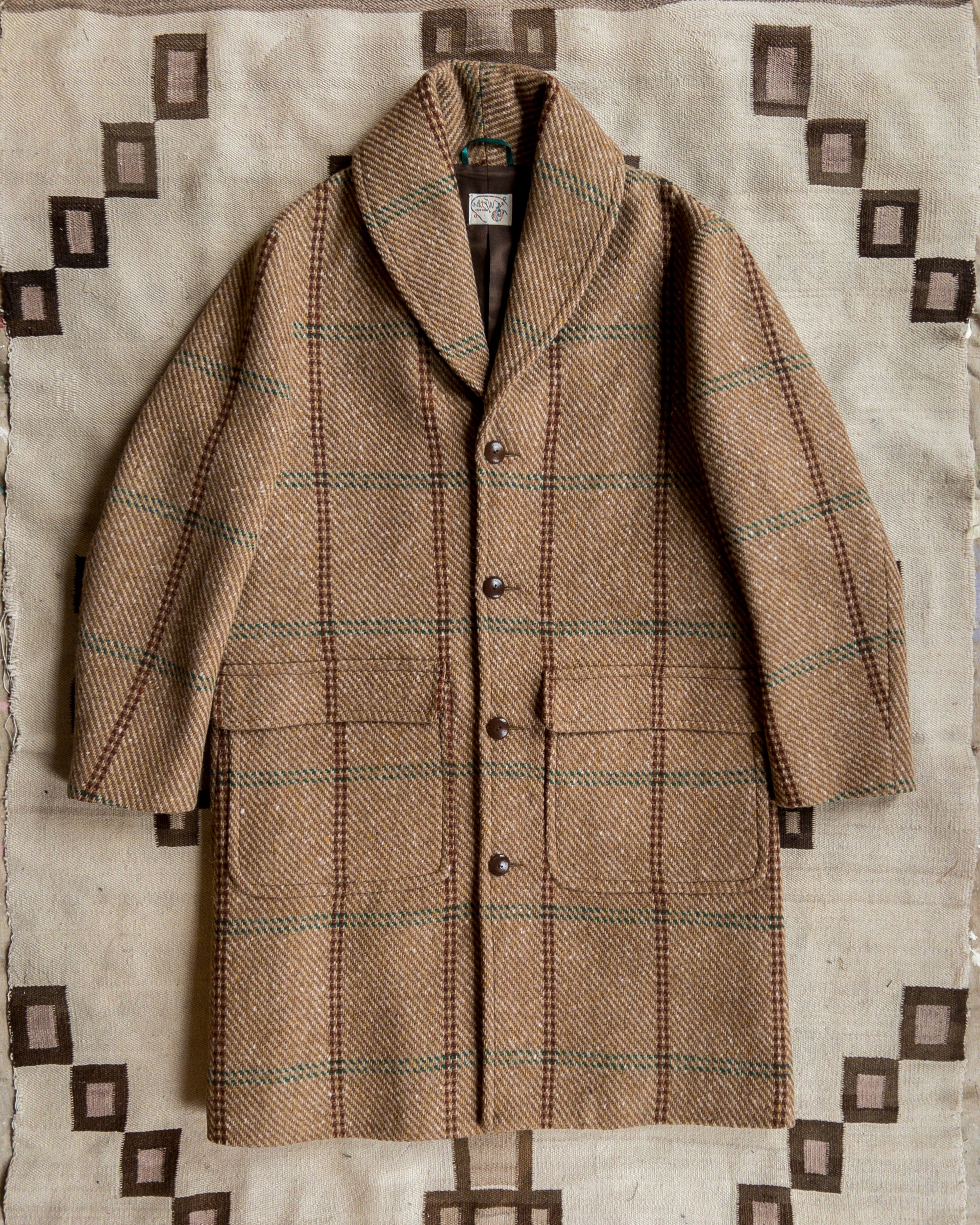 Shawl Collar Wool Overcoat   Rust and Evergreen Windowpane