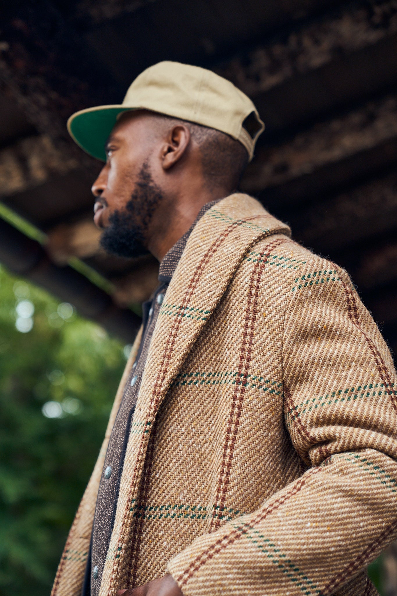 Shawl Collar Wool Overcoat - Rust and Evergreen Windowpane