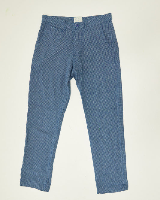 Indigo Cotton/Linen Flat Front Pant - Microcheck
